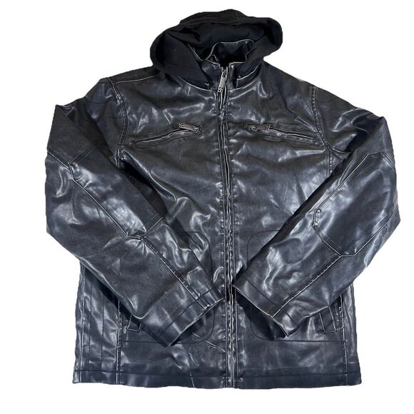 Whispering Smith Faux Leather Hooded Bomber  Jacket Distressed Men's Size M - Picture 1 of 13